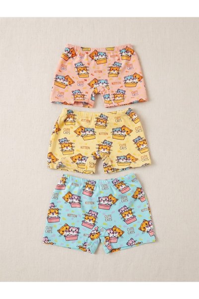 elmas kids Girl's Multi-Colored 100% Cotton Cat Patterned Boxer Briefs 3-Pack