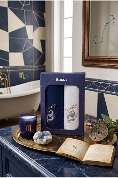 Özdilek Hand and Face Towel Set of 2 Boxed Scorpio Zodiac Sign Embroidered 50X90