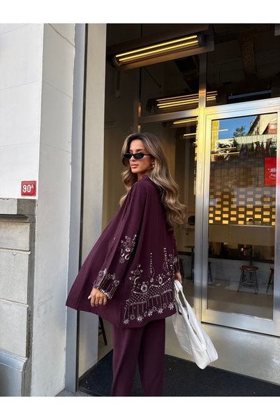 MİA NOURA Women's Kimono Pants Set with Bead Embroidery on the Back and Tansel Tiril Fabric