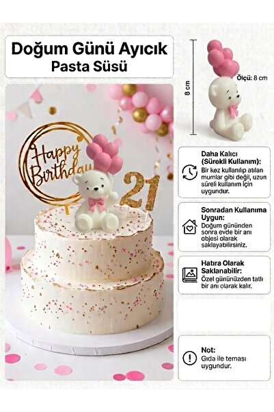 SELTA3D Pembe Balonlu Sevimli Ayıcık Doğum Günü Pasta Figürü - Anılik Dekorat...