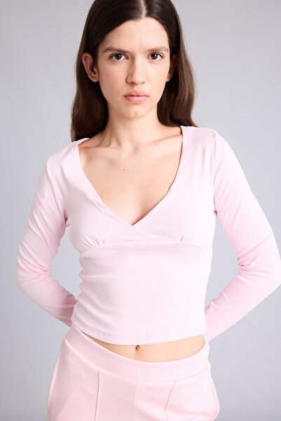 DeFacto Fitted V-Neck Double-Breasted Look Ribbed Long Sleeve Crop Basic T-Sh...