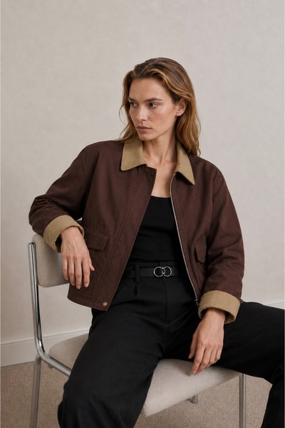 Atelier CONTEMPO Kadın Manşet Yaka Fermuarlı Cepli Kısa Ceket