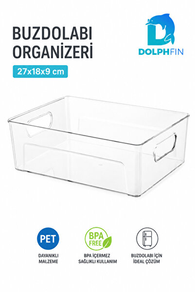 DolphFin Şeffaf PET Buzdolabı Organizeri Geniş Kulplu Düzenleyici Kutu 27x18x...
