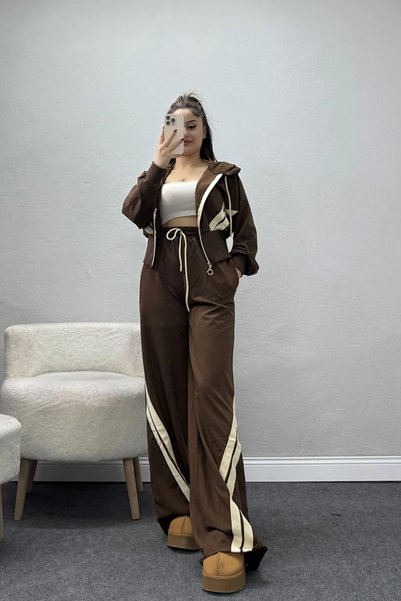 BELENDİR Women's Linen Striped 2 Thread Tracksuit Set Brown Beige