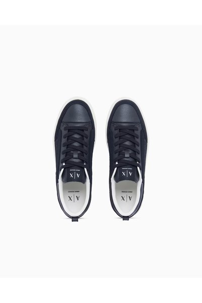 Armani Exchange Men's Logo Patterned Low-Top Leather Sneakers with Suede Detail in Navy Blue