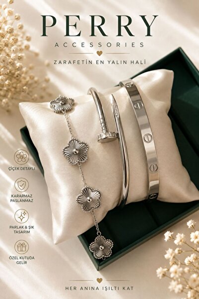 Perry Accesories Tarnish-Resistant Steel Silver Clover Bracelet and Tarnish-R...