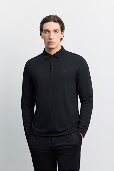 Avva Men's Black Polo Collar Buttoned Chest Logo Printed Technical T-Shirt A6...
