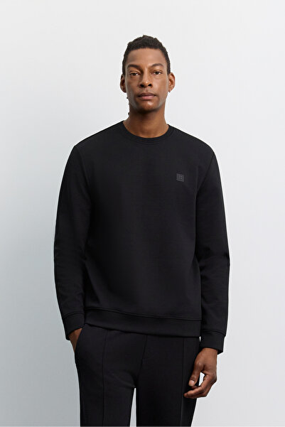 Avva Men's Black Crew Neck Interlock Sweatshirt with Chest Rubber Logo A62Y1299