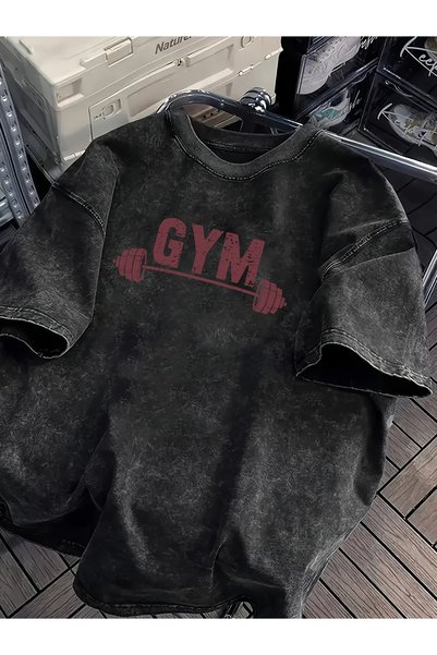 MSEF تي شيرت يونيسكس فضفاض بتصميم عتيق مغسول بنسبة 100% مع طباعة حروف GYM، قم...