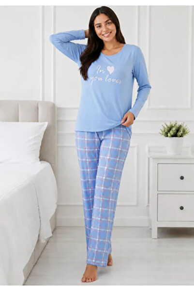 Serena Pijama de dama cu bluza cu maneca lunga si pantaloni lungi blue cu car...