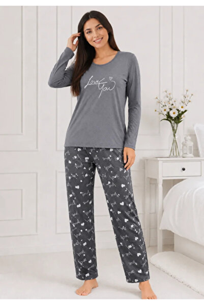 Serena Pijama de dama gri cu maneca lunga si pantaloni gri lungi
