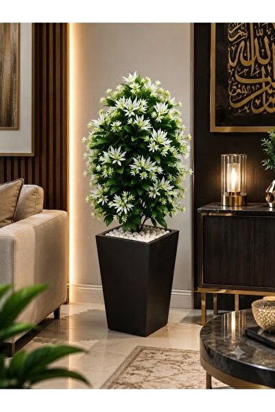 Generic Brand نبات زهور بيضاء اصطناعية فاخرة مع وعاء أسود مربع طويل وحصى أبيض...