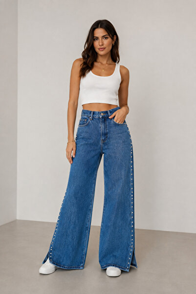 WGOCC JEANS Kadın Yüksek Bel Yanları İnci Detaylı Wide Leg Pantolon