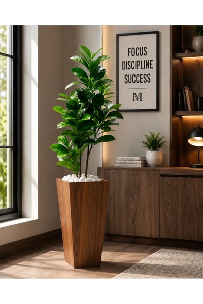 Generic Brand Artificial Indoor Plant with Wooden Tapered Planter Pot and Whi...