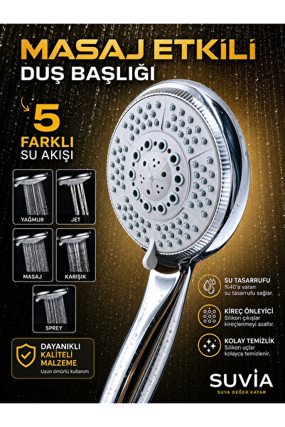 SUVİA Duş Başlığı 5 Fonksiyonlu Masaj Etkili Yüksek Basınçlı Kireç Önleyici E...