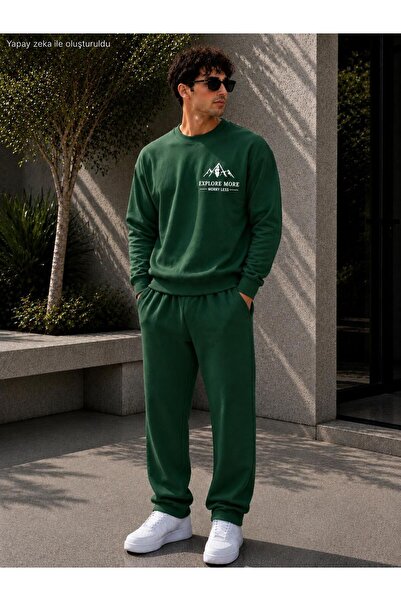 caddekombin Ανδρικό σετ φόρμας Explore More Mountain Printed Crew Neck Regula...