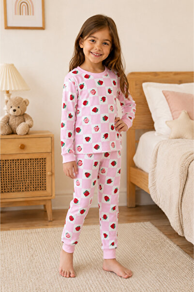 Kız Çocuk Çilek Desenli Uzun Kollu Pijama Takımı
