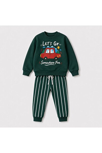 YİGİT BUTİK Boy's Car Printed Striped Pants Long Sleeve Top and Bottom Set
