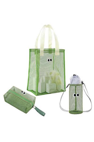 bag 3-Piece Mesh Swimming Set Gym Beach Sports with Pouch & Bottle Pocket – G...