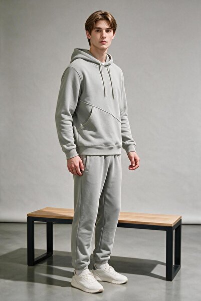 ELAFRO Men's Gray 3-Thread Hooded Fleece Inside Sweatpants and Jacket Set wit...