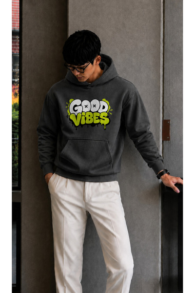 caddekombin سويت شيرت رجالي من Good Vibes مطبوع عليه جرافيتي بقلنسوة وجيب كان...