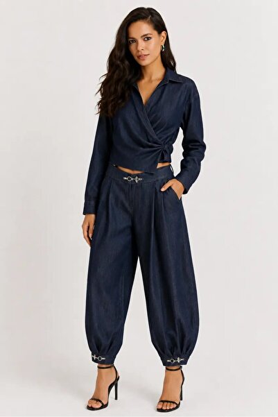 Cool & Sexy Women's Navy Blue Denim Look Double-Breasted Blouse and Shalwar P...