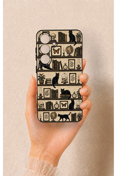 Vip Case Samsung S25 Uyumlu Vintage Siyah Kedi Desenli Silikon Kılıf