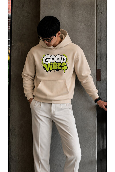 caddekombin Men's Good Vibes Graffiti Printed Hooded Kangaroo Pocket Regular ...