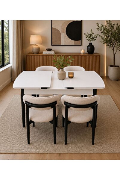UZMHOME Polo Serisi 80x130 Açılabilir Beyaz Masa Takımı ve 6 Adet Polo Sandalye
