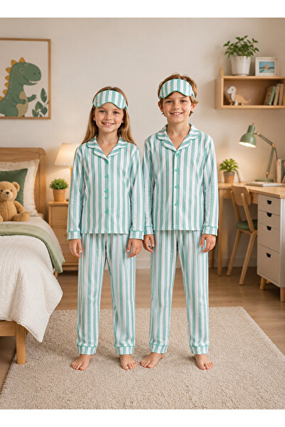 Novella18 Kız ve Erkek Çocuk Çizgili Pamuklu Uzun Kollu Düğmeli Pijama Takımı