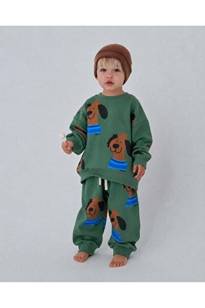 Monila Boy's Green Dog Printed Cotton 3 Thread Fabric Undergarment Set