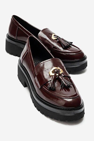 LuviShoes MARSY Bordo Rugan Hakiki Deri Püsküllü Kadın Loafer Ayakkabı
