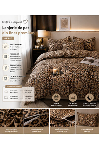 East Comfort Lenjerie de Pat Matrimoniala din Finet, Set 6 Piese, Husa Pilota 200x230 cm, Cearceaf 220x240 cm, 4 Fete de Perna