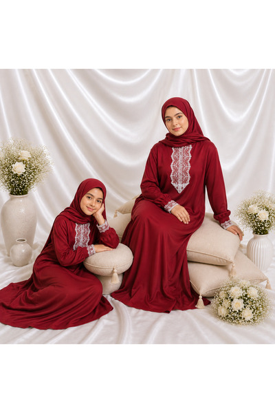 Defkay Anne Çocuk Takım Dantel Detaylı Başörtülü Namaz Elbisesi
