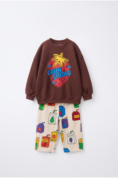 Magu Çocuk Baskılı Kahverengi Sweatshirt ve Eşofman Takımı