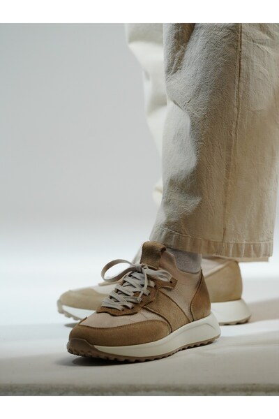 TETRİ Sage Model Genuine Leather Handmade Beige Knitwear Sneaker Shoes