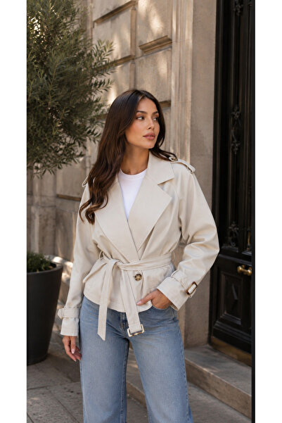 Nes Moda Kadın Kruvaze Yaka Crop Trenç Ceket