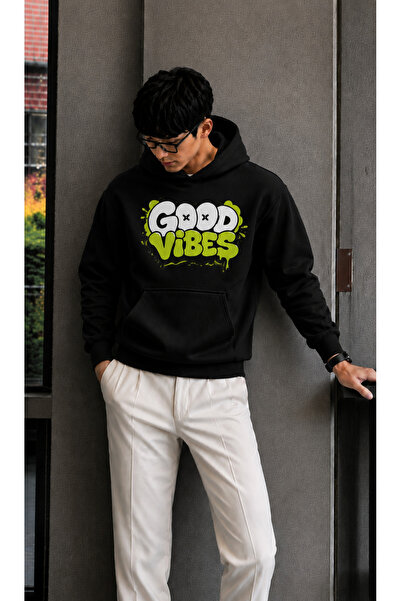 caddekombin Men's Good Vibes Graffiti Printed Hooded Kangaroo Pocket Regular ...