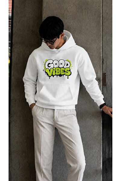 caddekombin Men's Good Vibes Graffiti Printed Hooded Kangaroo Pocket Regular ...