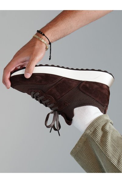 TETRİ Sage Model Genuine Leather Handmade Brown Knitwear Sneaker Shoes
