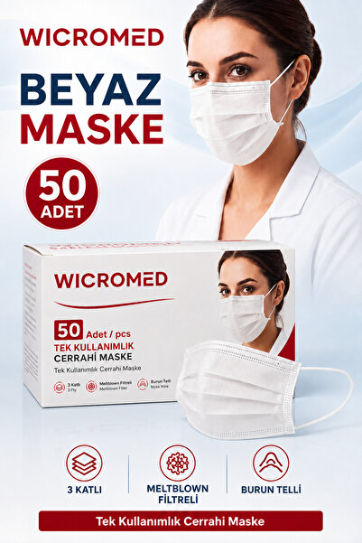 wicromed Still 3 Katlı Lastikli Burun Telli Cerrahi Beyaz Maske 50'li Meltblo...