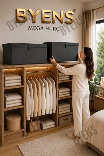 BYENS Kutu Hurç Mega Kapaklı Dolap Üstü Büyük Boy İçi Düzenleyici Hurcu Organizer Düzenleme Seti Hurçlar Kutulu Battaniye Yorgan Yastık 60*40*30 cm