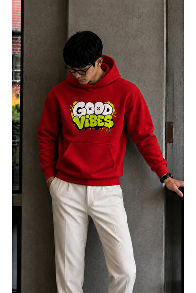 caddekombin Men's Good Vibes Graffiti Printed Hooded Kangaroo Pocket Regular ...