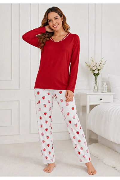 Serena Pijama de dama rosu cu maneca lunga si pantaloni lungi alb cu capsuni