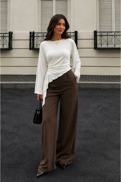 ns nirvana secret Women's Waist-Fitted Soft Fabric Crew Neck Asymmetrical Cut Spanish Sleeve Blouse