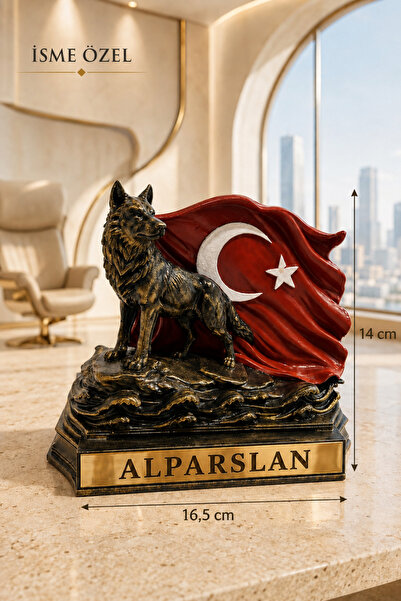 biblohanem Kişiye Özel İsimli Bozkurt ve Türk Bayrağı Masaüstü Biblo, Gold Ay...