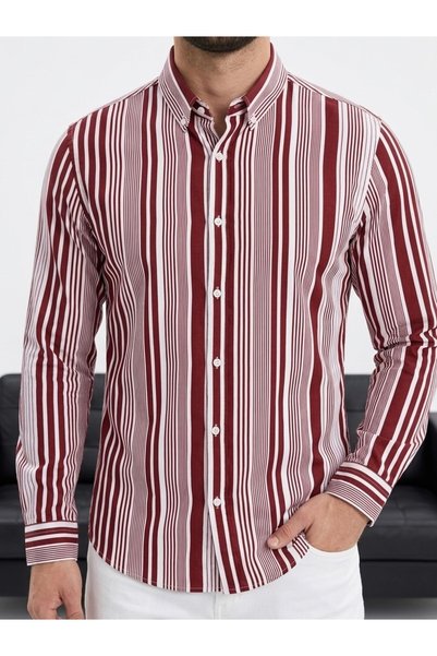 urban wear URBAN ERKEK KIRMIZI Çizgili Düğmeli Gömlek -G07