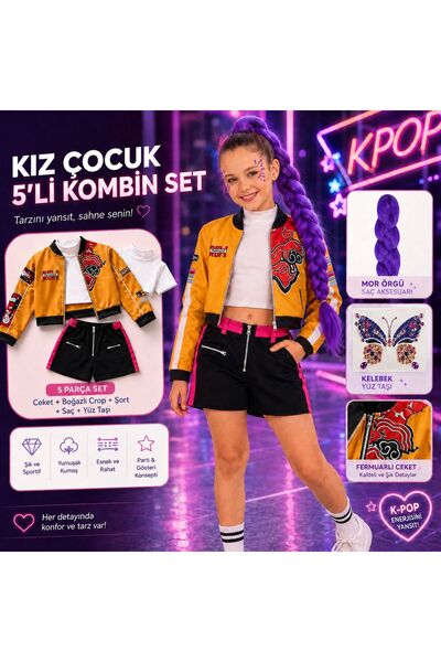 dilaydamla kids Rumi K-Pop Kız Çocuk Kostümü 5 parça set ceket+crop+şort+örgü...
