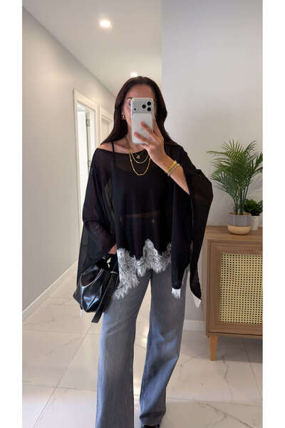 BİRCANÇİL Yodet Black Lace Detailed Transparent Cape Knitwear