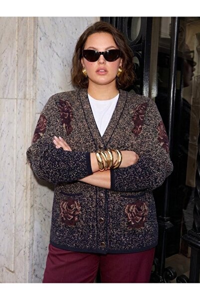 onno style women Karyağdi Rose Patterned Steel Knitted Tricot Women's Jacket